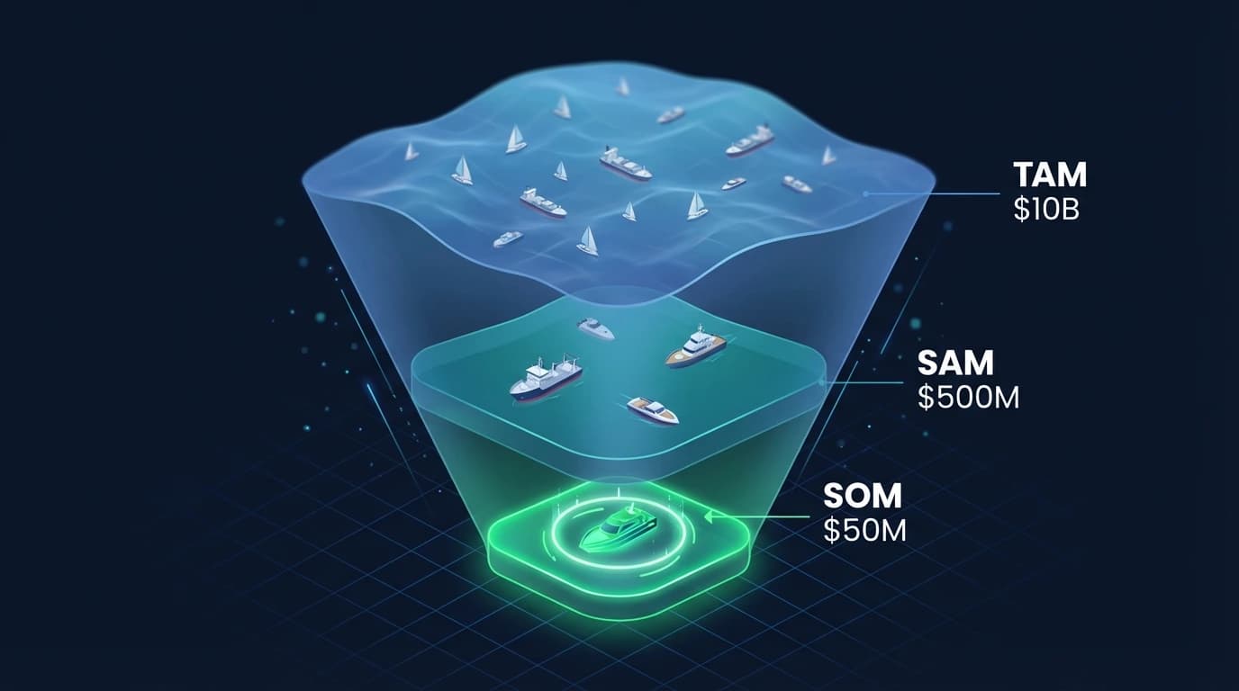 Calculateur de taille de marché montrant la répartition TAM SAM SOM
