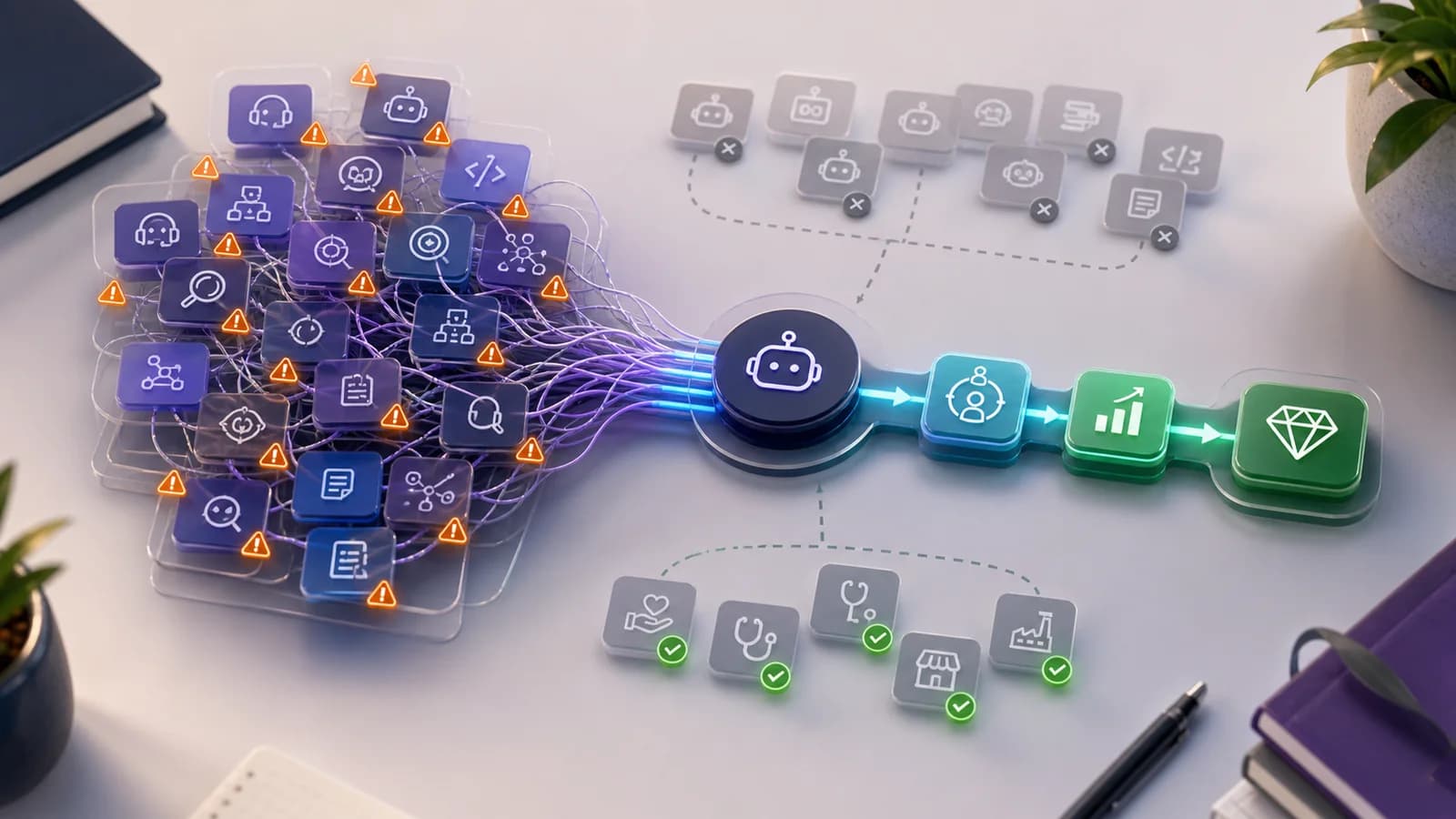 Crowded horizontal AI agent ideas contrasted with a clearer vertical niche path