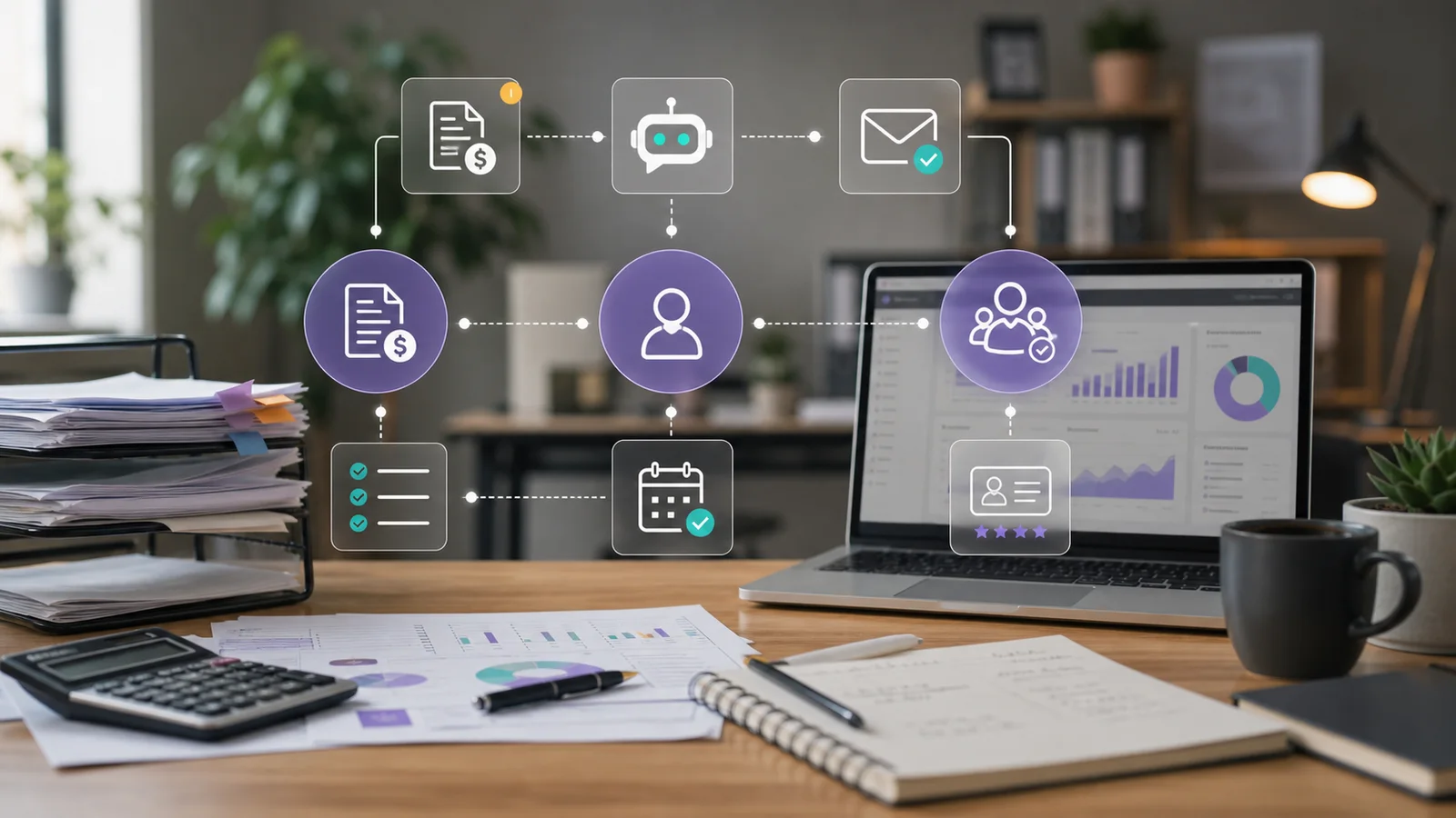 Finance operations desk with AI agent workflow overlays for invoices, leads, and recruiting