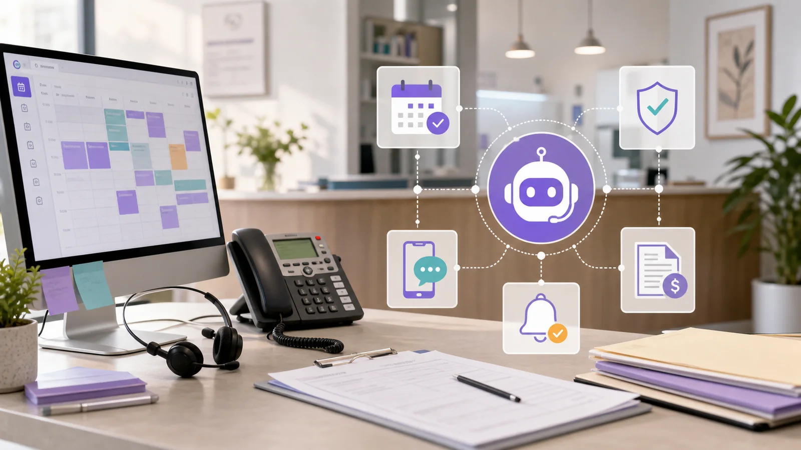 Healthcare practice front desk with AI agent workflow overlays for scheduling and billing