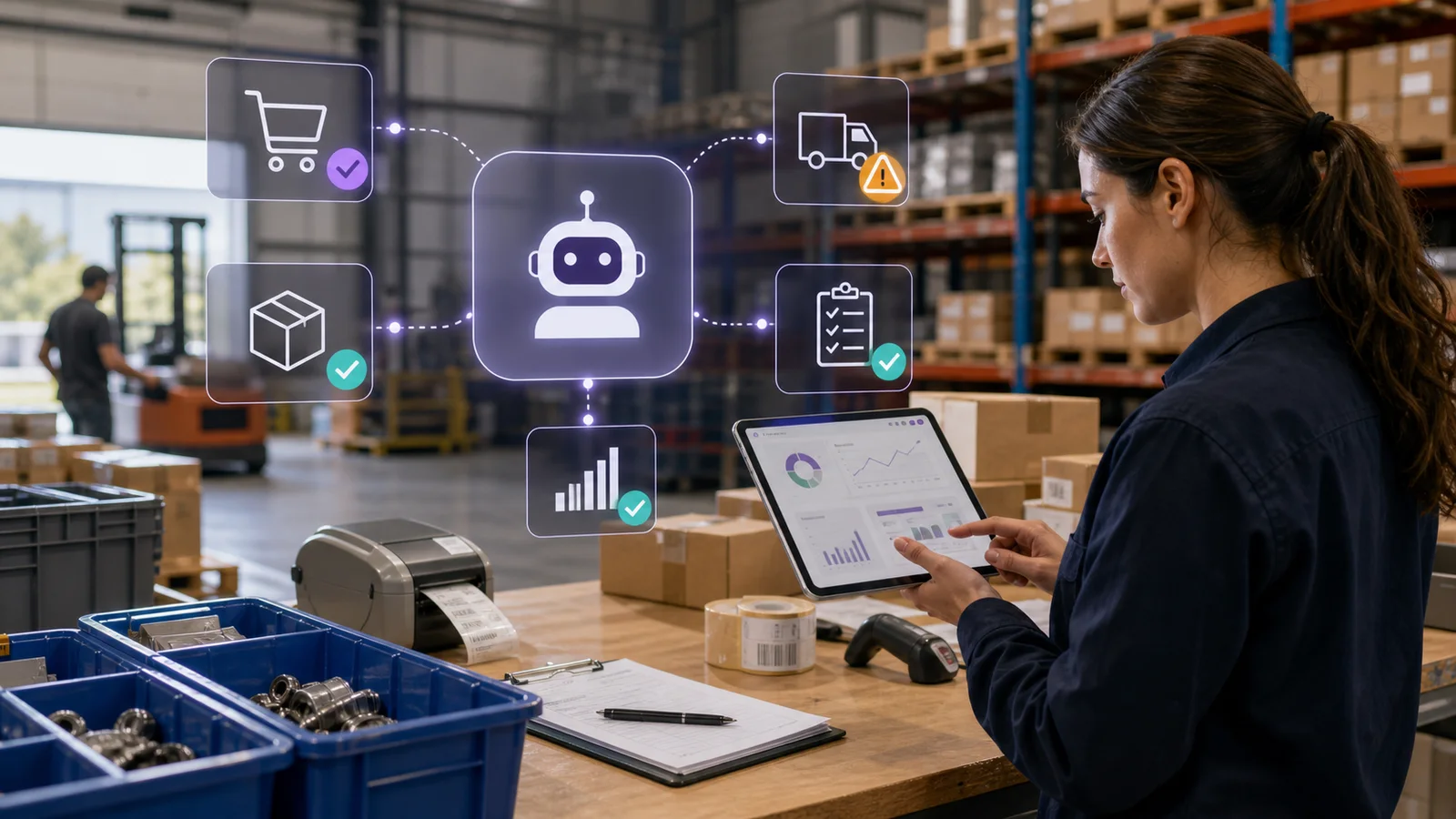 Warehouse operations station with AI agent workflow overlays for procurement and freight exceptions