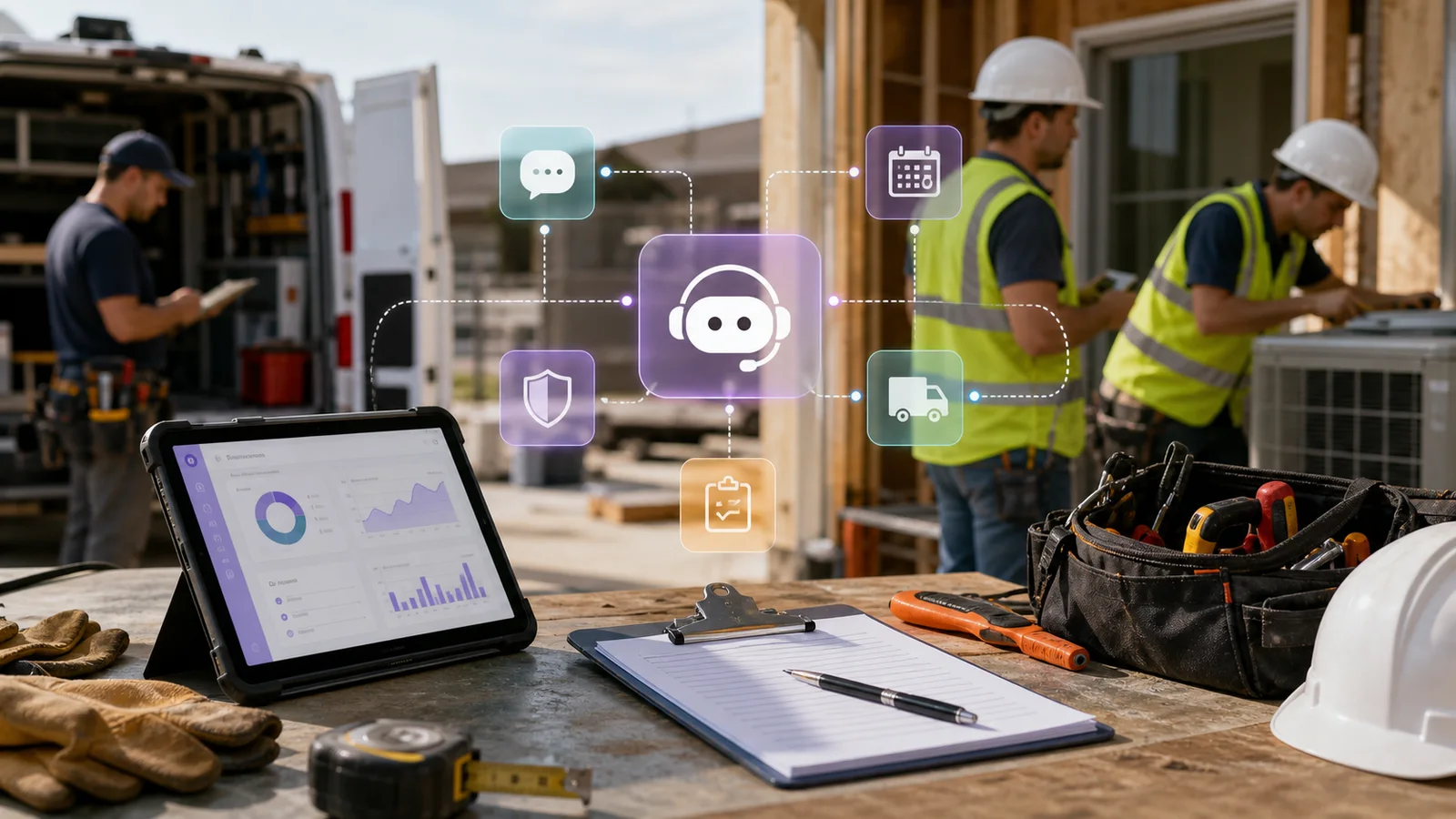 Home-services jobsite desk with AI agent workflow overlays for quotes, dispatch, and safety