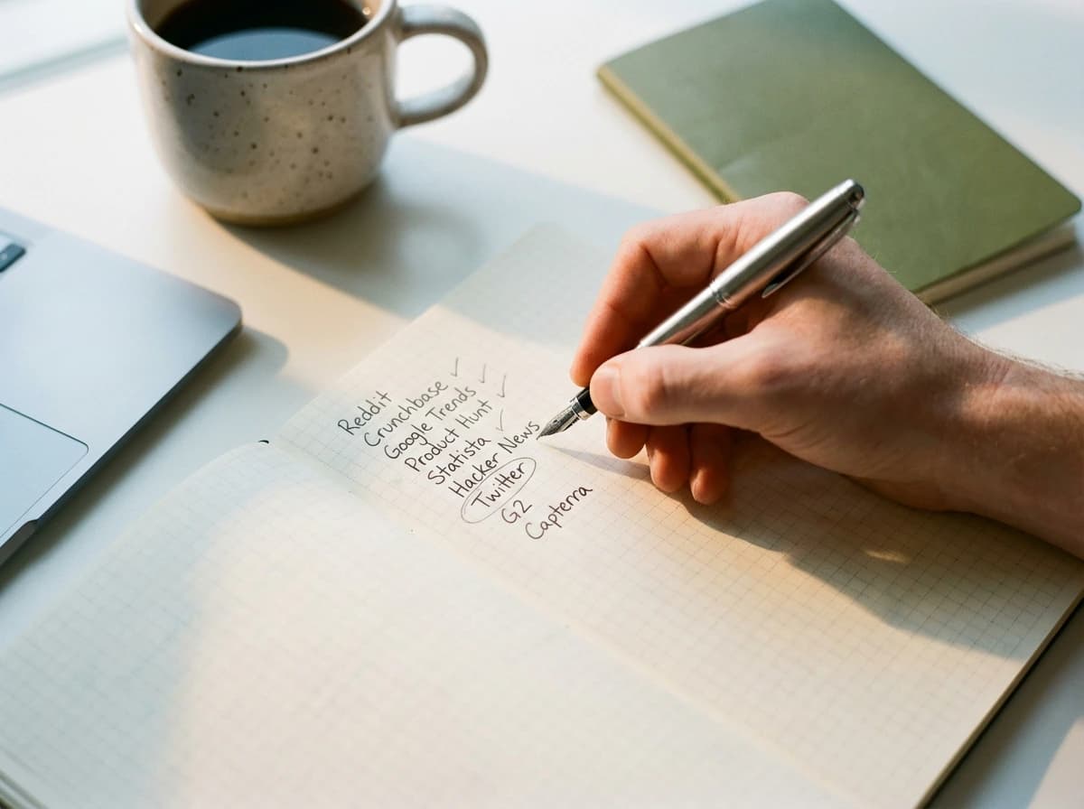 Handwritten list of 50+ live data sources used in AI business context validation
