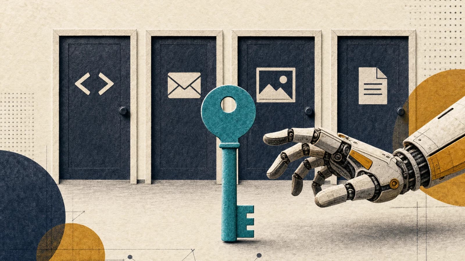 One Google login key opening a coding agent door next to the doors for email, photos and documents, with a third-party tool reaching for the same key