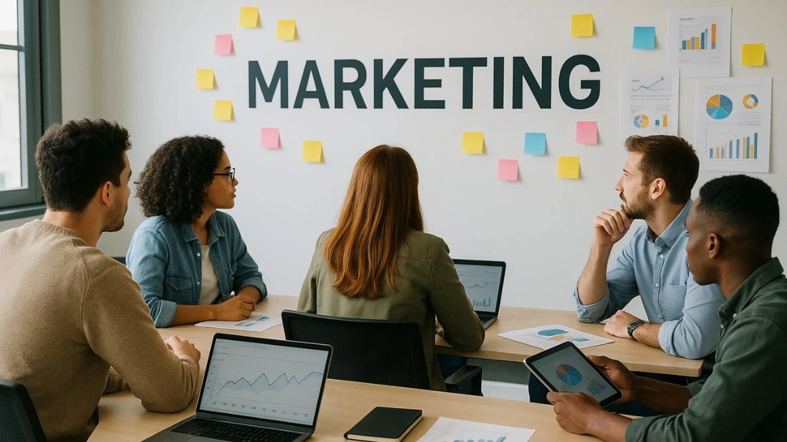 Marketing team mapping a go-to-market strategy for a startup idea with sticky notes