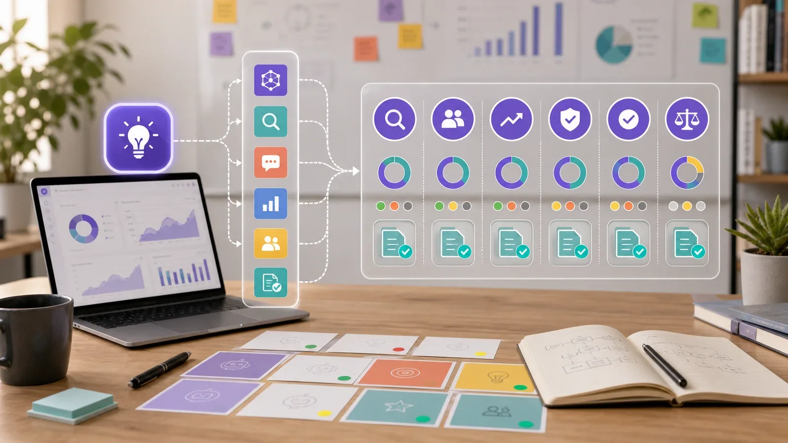 Workflow showing one startup idea tested across multiple AI validation tools and scoring criteria