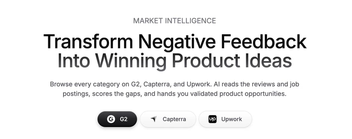 BigIdeasDB homepage headline with G2, Capterra and Upwork listed as its data sources
