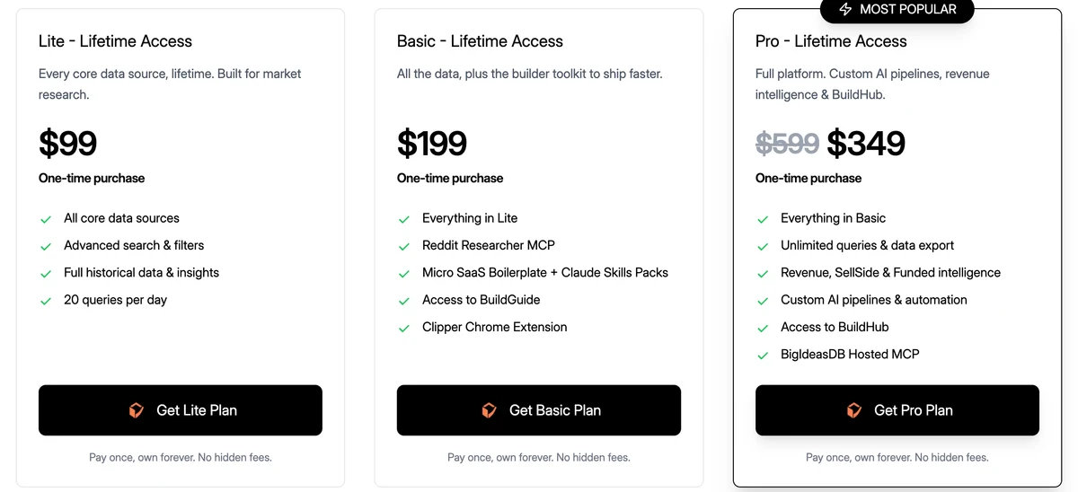 BigIdeasDB pricing page showing Lite, Basic and Pro lifetime tiers with a struck-through anchor price