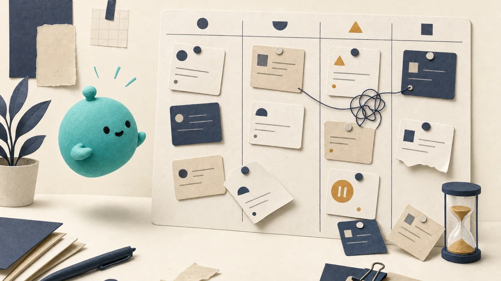 ChatGPT Dots avatar floating beside a stalled task list, showing a strong model inside an unfinished product