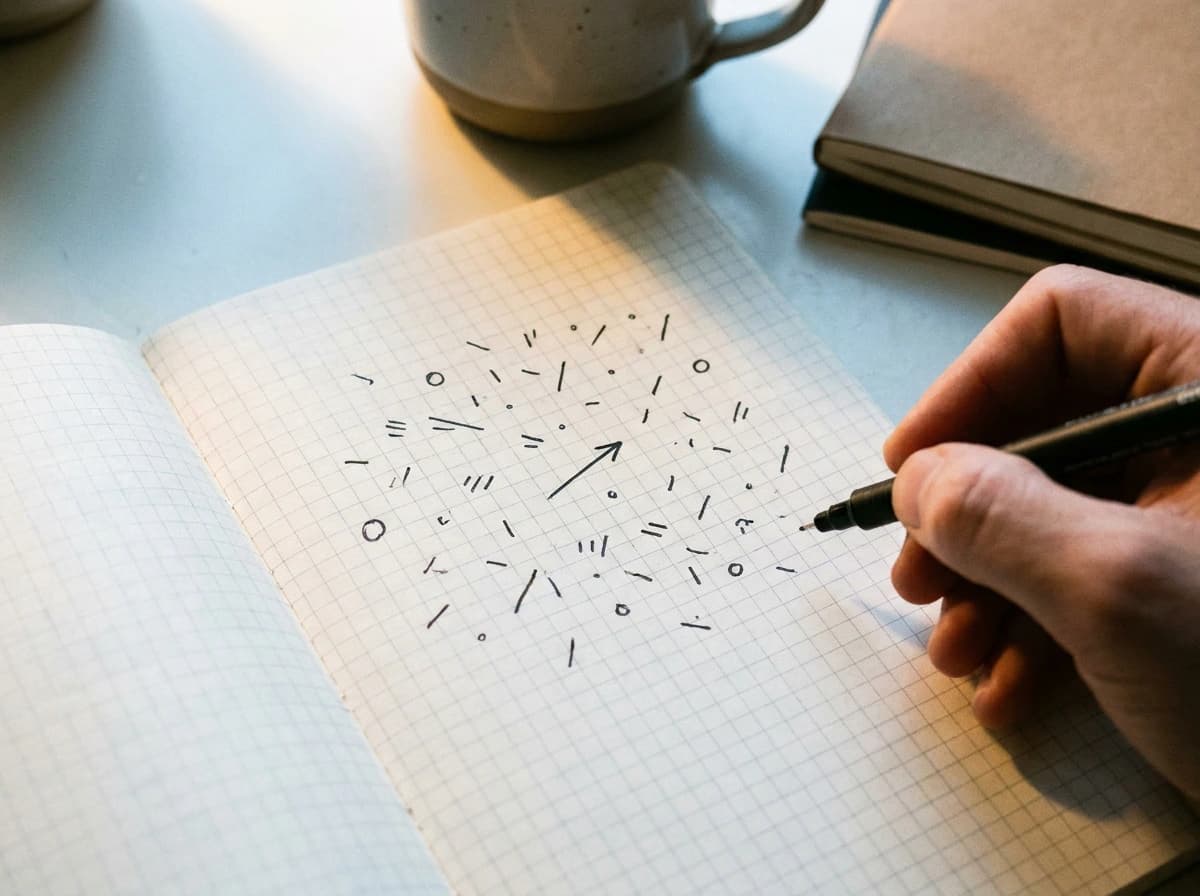 Close overhead of a notebook with abstract tick marks and a pen during customer discovery