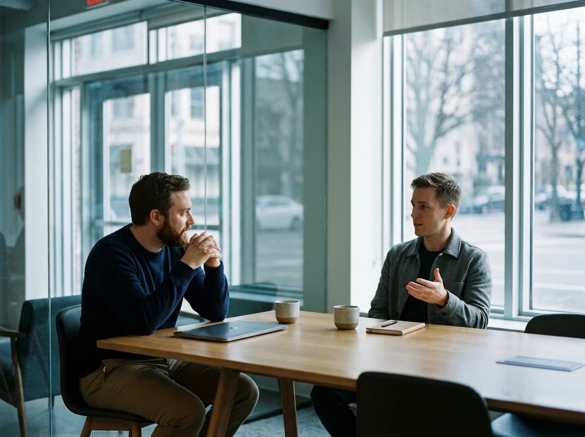 Two founders in a glass meeting room during a customer discovery debrief