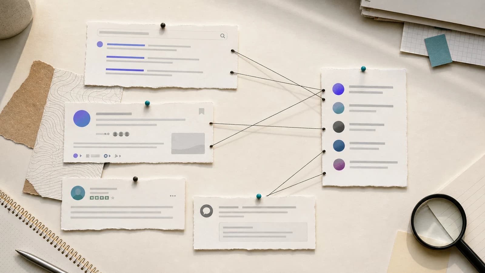 Research source cards connected to a startup competitor list