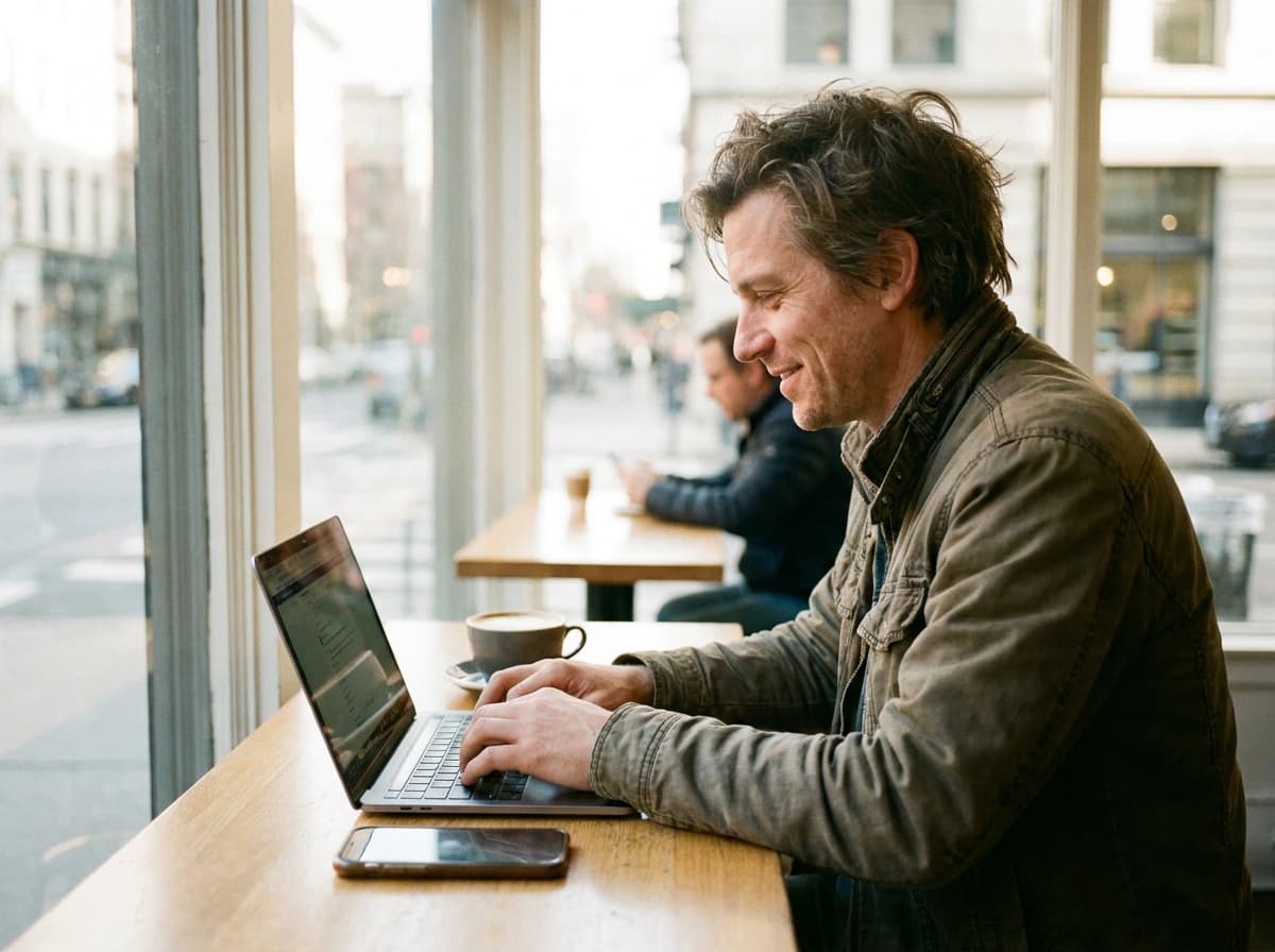 Founder at a bright cafe typing a go-to-market outreach message on a laptop