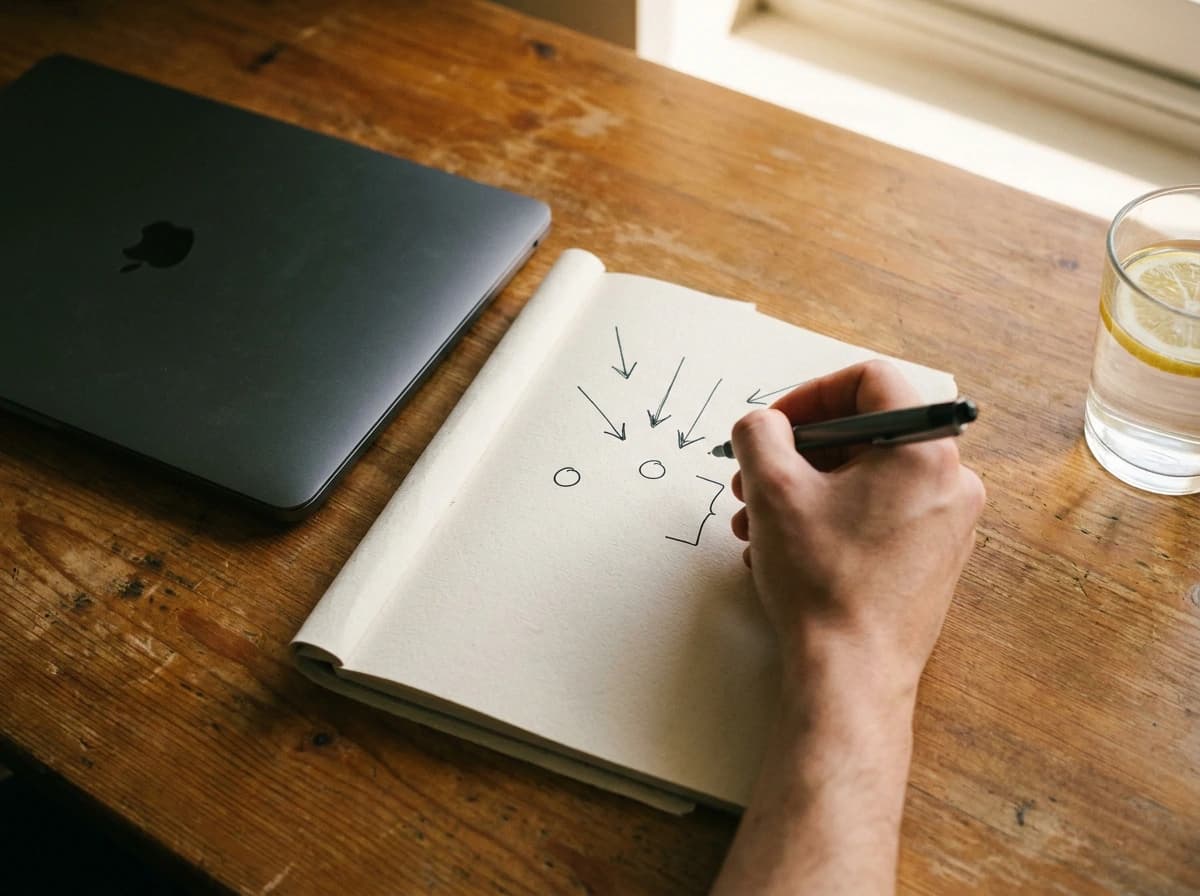 Close overhead of a notebook with abstract arrows mapping a startup go-to-market plan