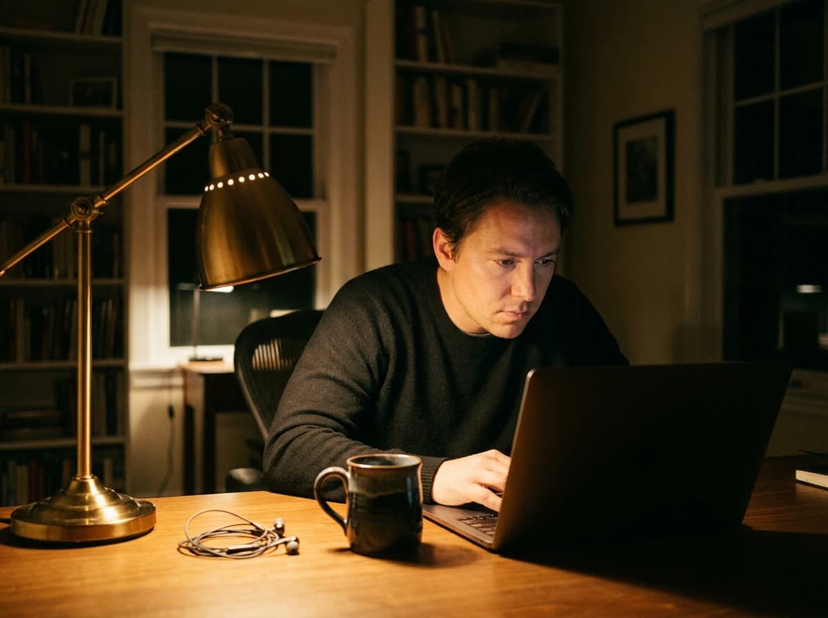 Solo founder at home office desk sending cold outreach emails under warm lamp light