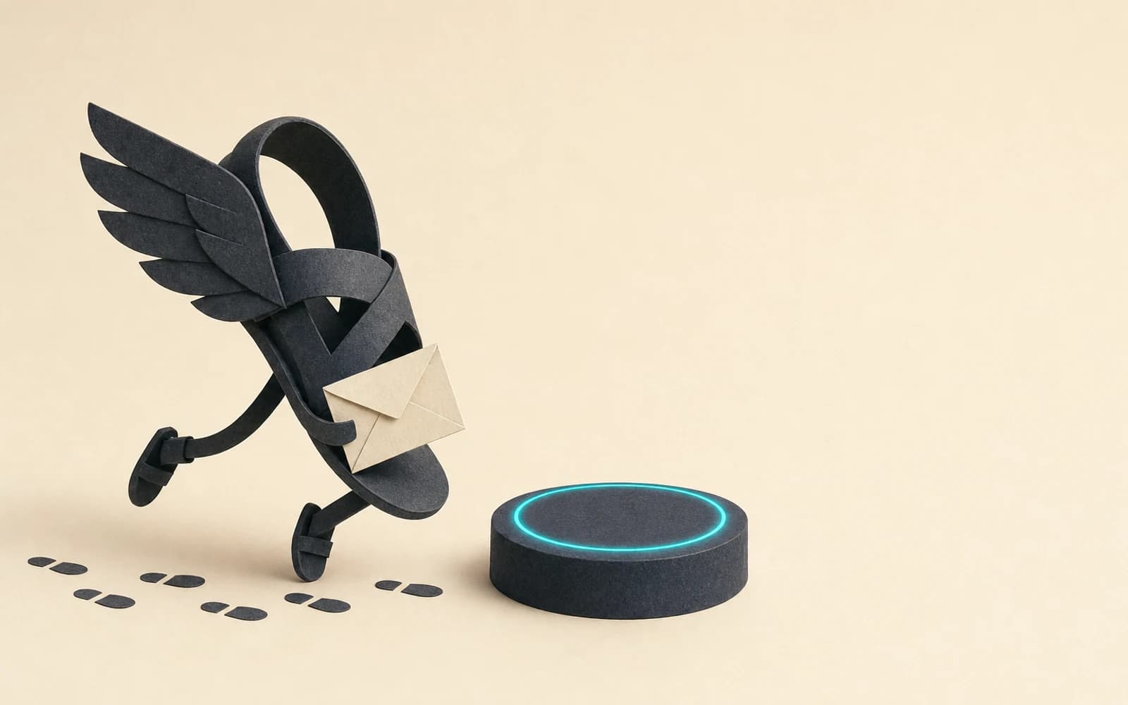 Hermes Agent review: a paper winged sandal carrying one envelope runs toward an empty round pedestal that has a single teal ring on top