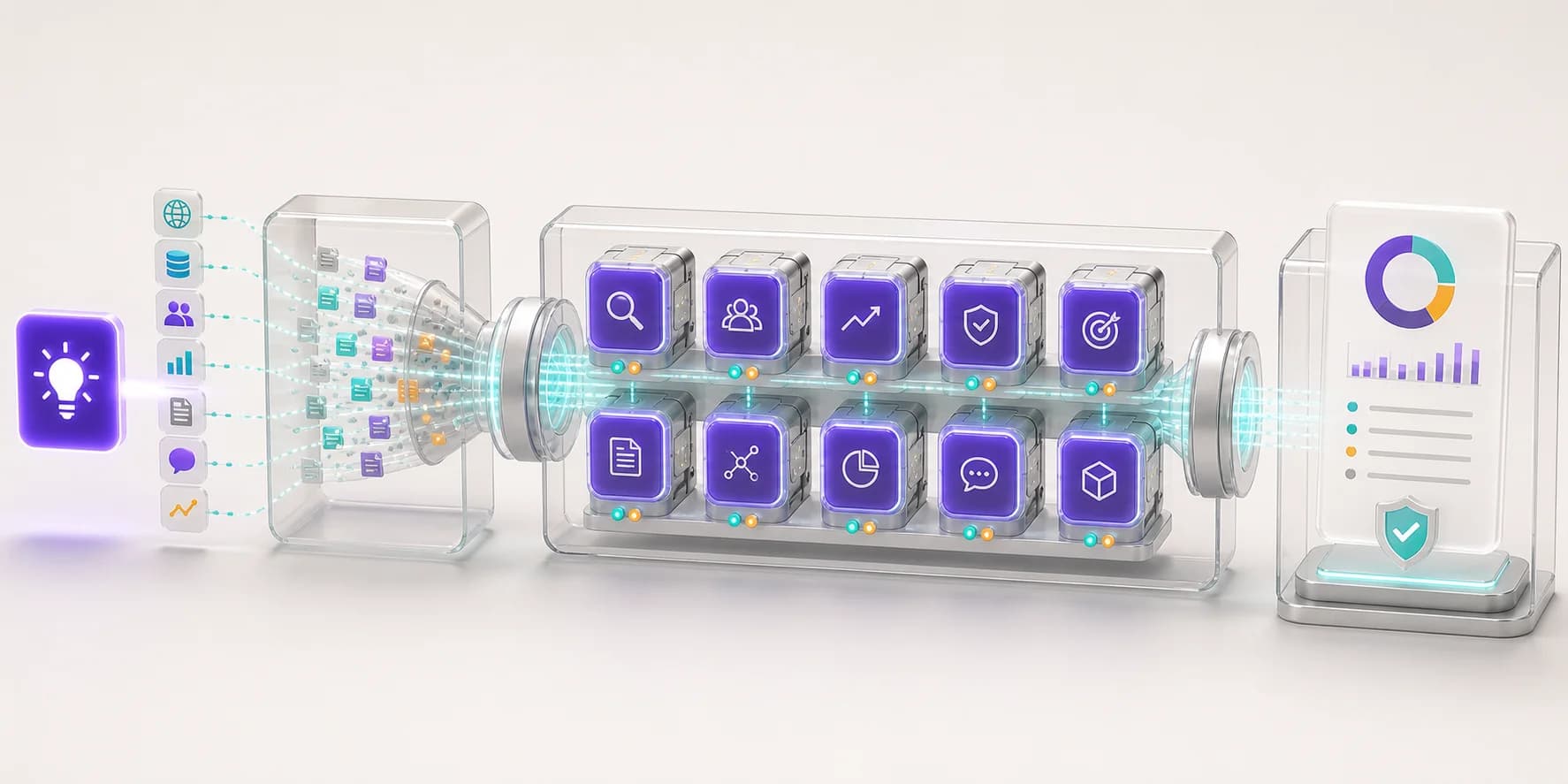 Diagram showing 10 AI agents analyzing a startup idea in parallel