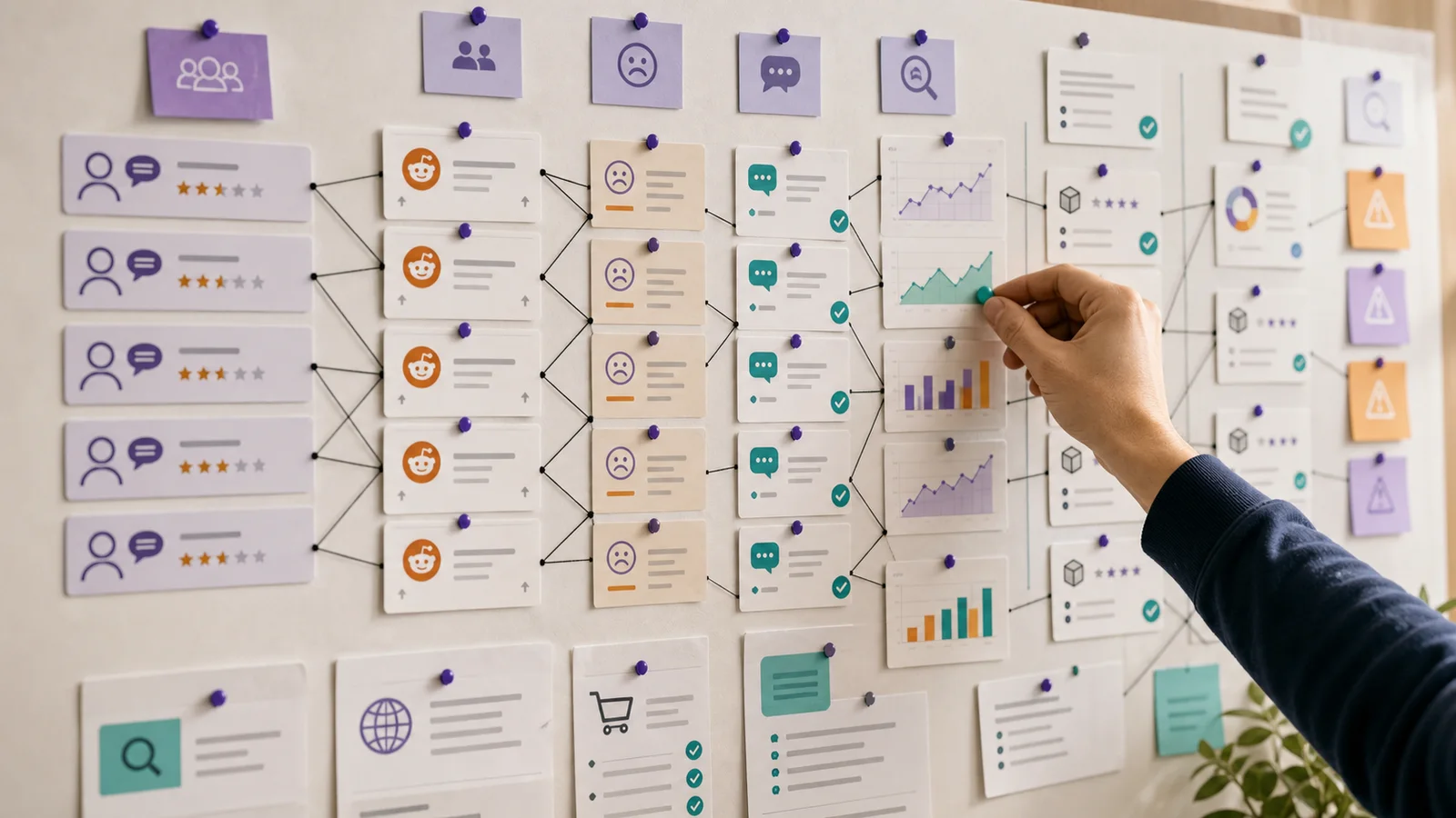 Evidence board of public market proof gathered before startup customer interviews