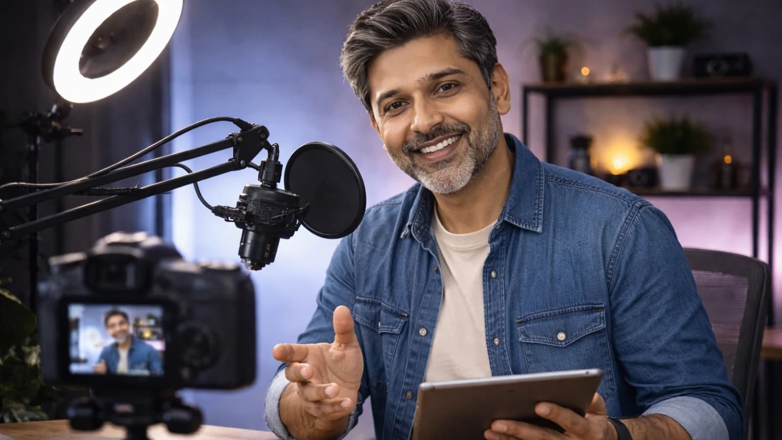 Content creator filming a video in a home studio with ring light and camera