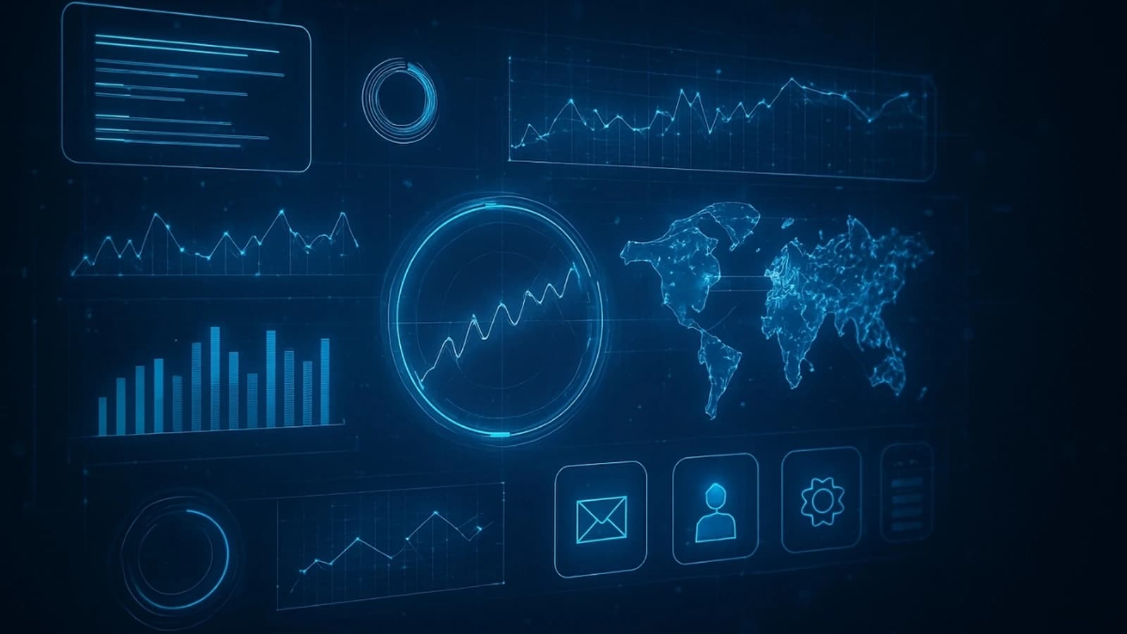 Futuristic digital dashboard with charts and a glowing world map representing vertical data analytics
