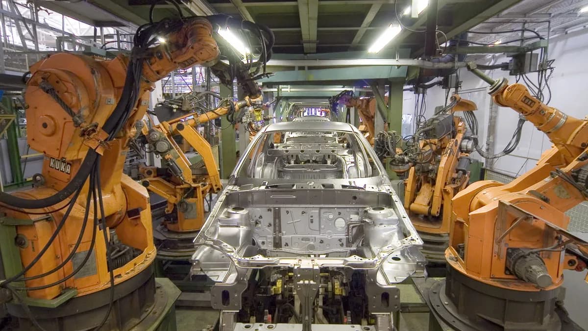 KUKA industrial robot arms assembling a car on a factory production line representing industrial AI and robotics