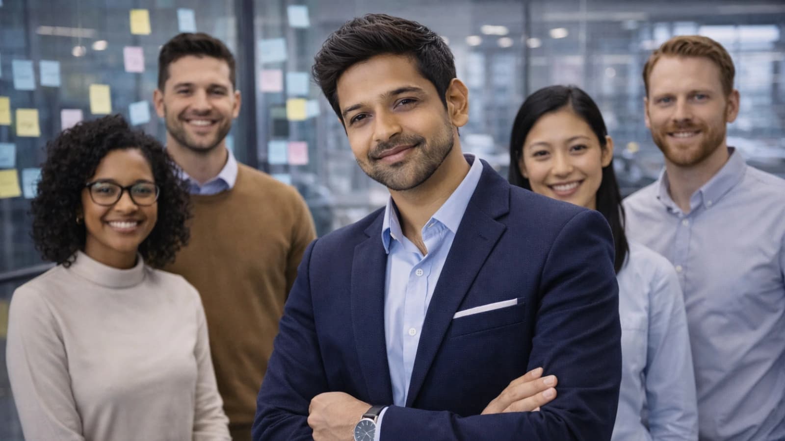 Confident business team standing together in a modern office with sticky notes