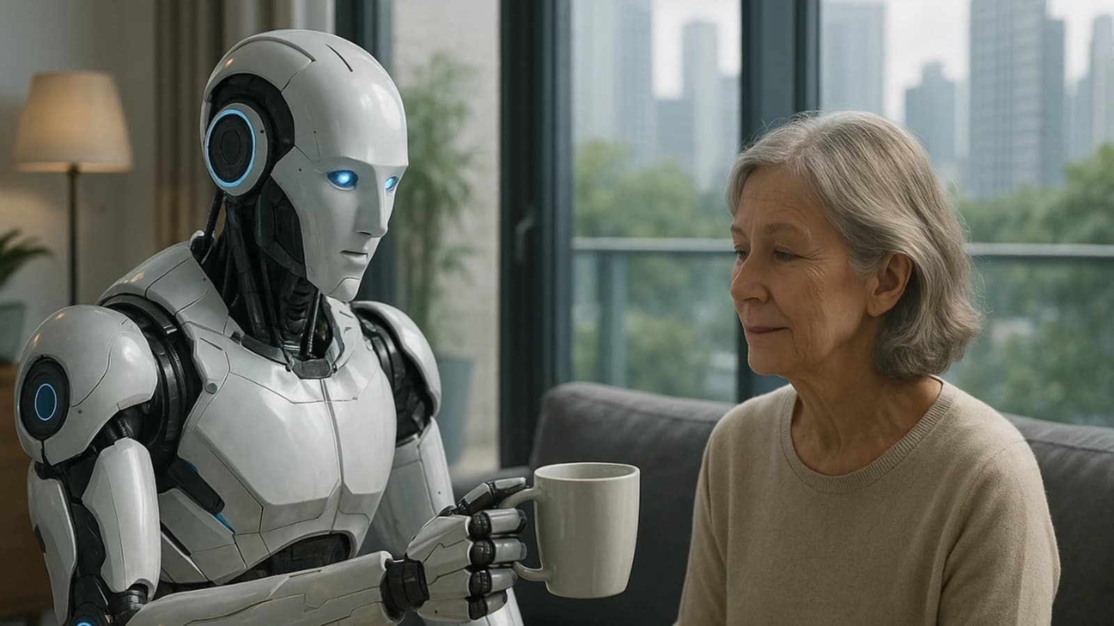 Humanoid robot assisting an elderly woman in a modern apartment, illustrating senior care tech