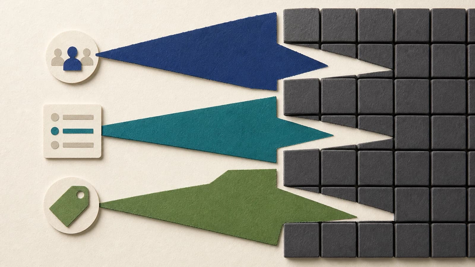 Three SaaS differentiation wedge types: segment, feature, and pricing wedges between competitor blocks