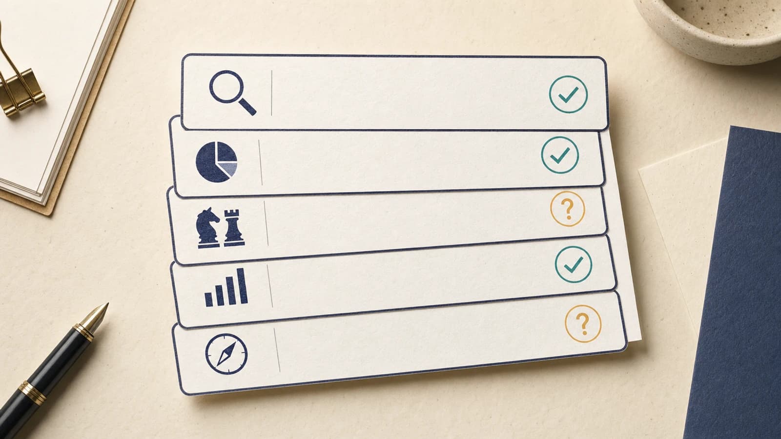 Five pre-seed investor evaluation criteria shown as evidence cards with status indicators