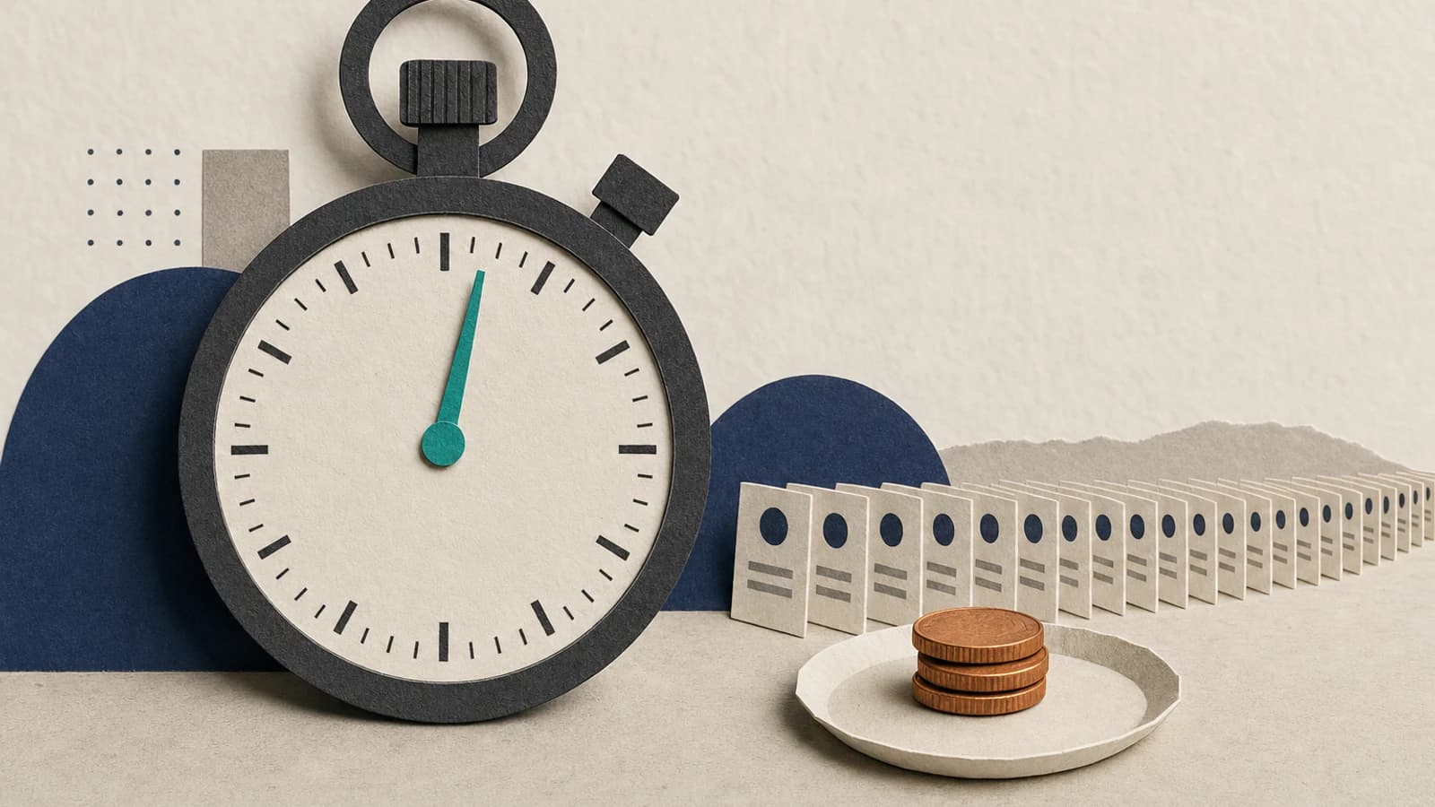 Jev API cost and speed: a stopwatch at 273 milliseconds beside a few coins worth less than half a cent for 384 decisions