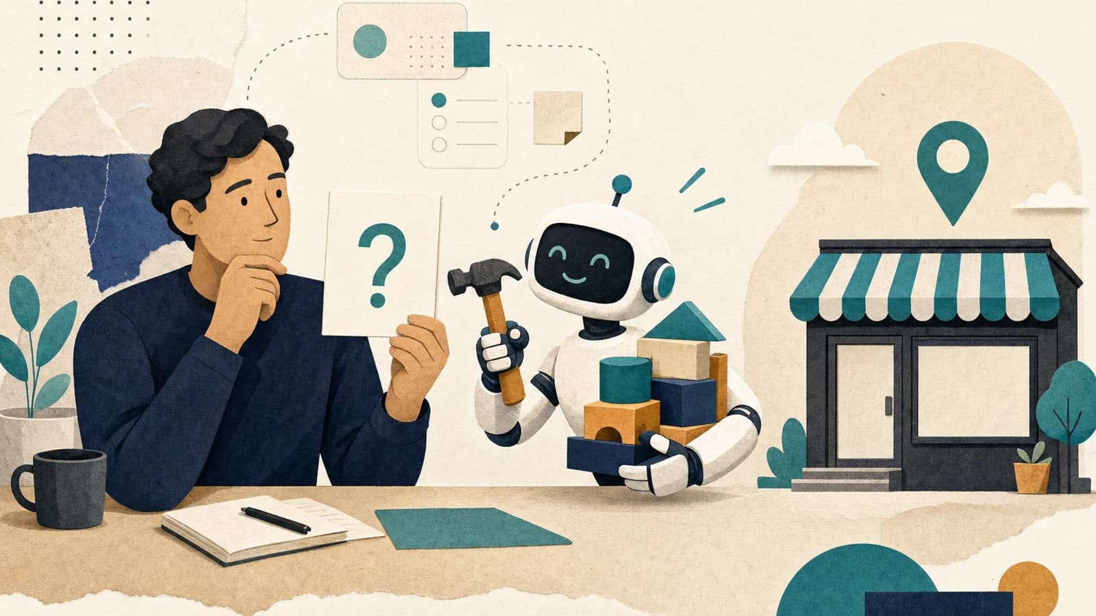 A founder holding an untested idea card in front of a fast AI agent ready to build, deciding what comes first