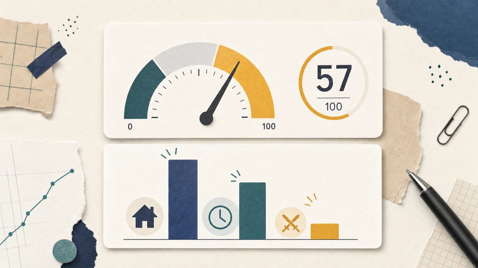 Startup viability score gauge showing 57 out of 100 in the caution zone, with risk bars showing no GTM plan as the top killer