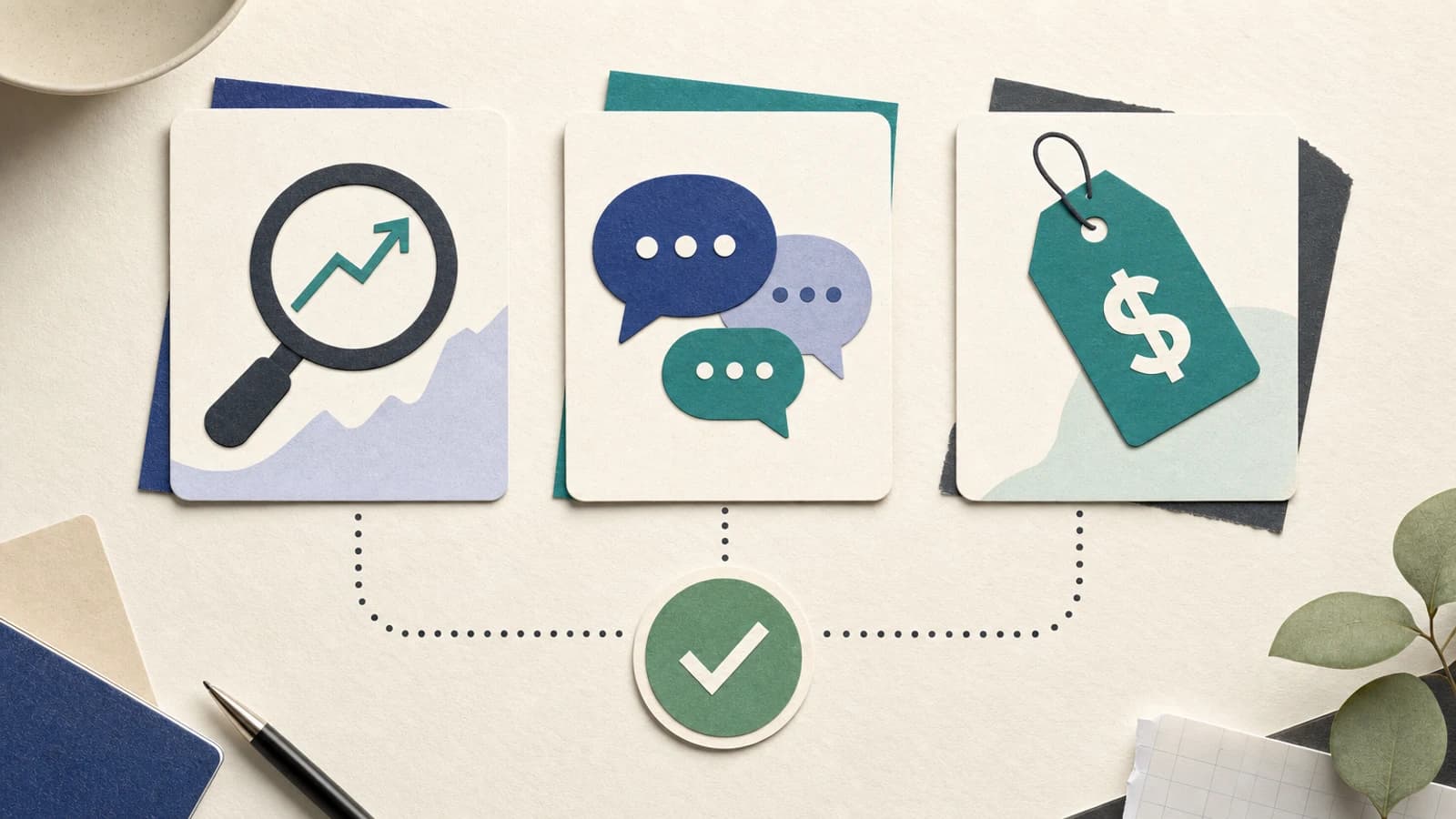 Three evidence cards for market research: search signals with upward trend, community pain signals, and competitor revenue signals converging on a decision