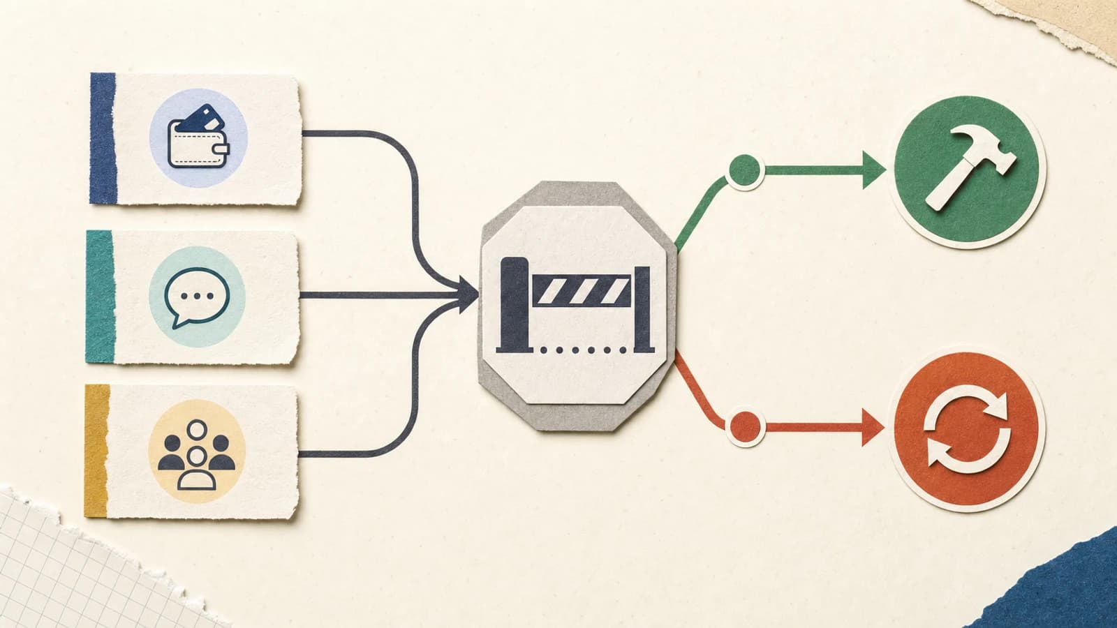 Go or no-go decision gate with three evidence signals converging, then splitting into build path and refine path