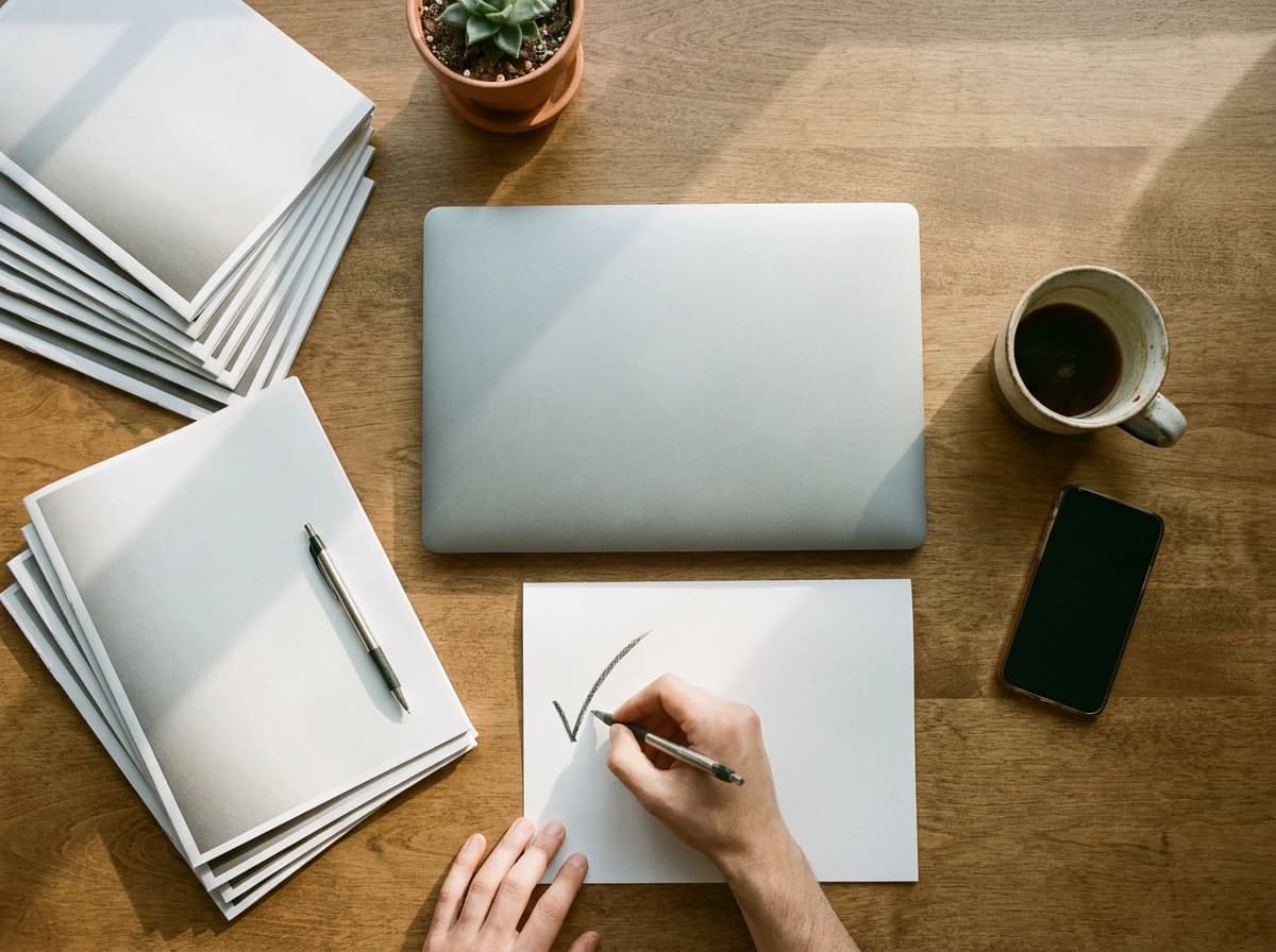 Overhead flat-lay of a startup founder's desk with research materials during a build or kill decision