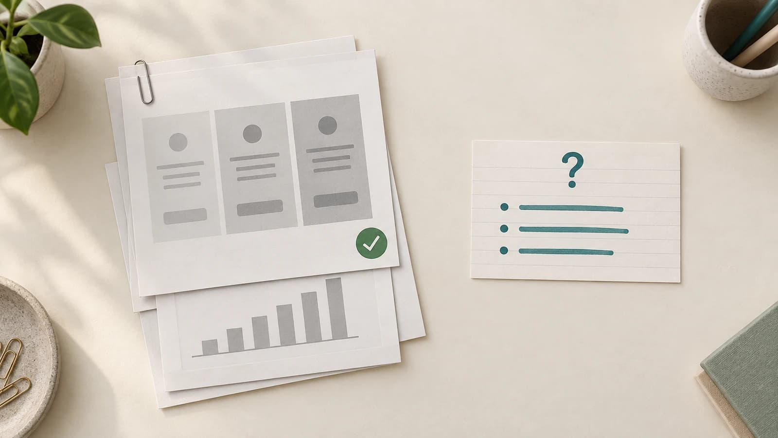 Checked stack of competitor pricing pages and a market chart next to one index card of open interview questions