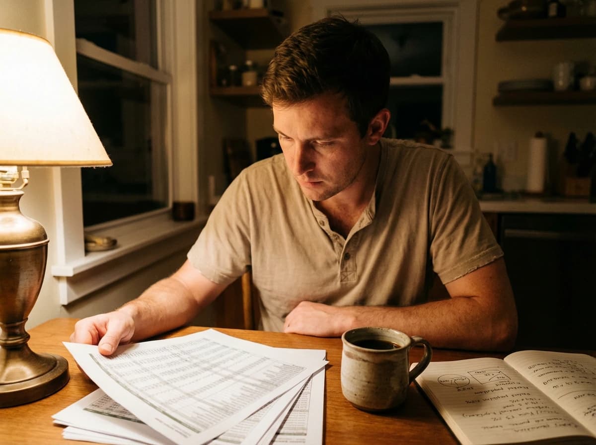 Founder narrowing a realistic MRR estimate in a notebook at a kitchen table