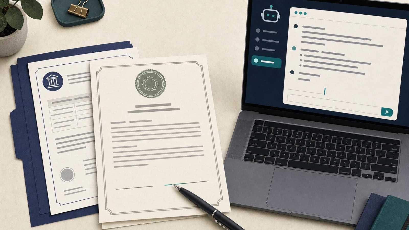 Naive AI review: LLC formation papers, an EIN letter and an operating agreement waiting on a desk for a human signature beside a laptop running a coding agent