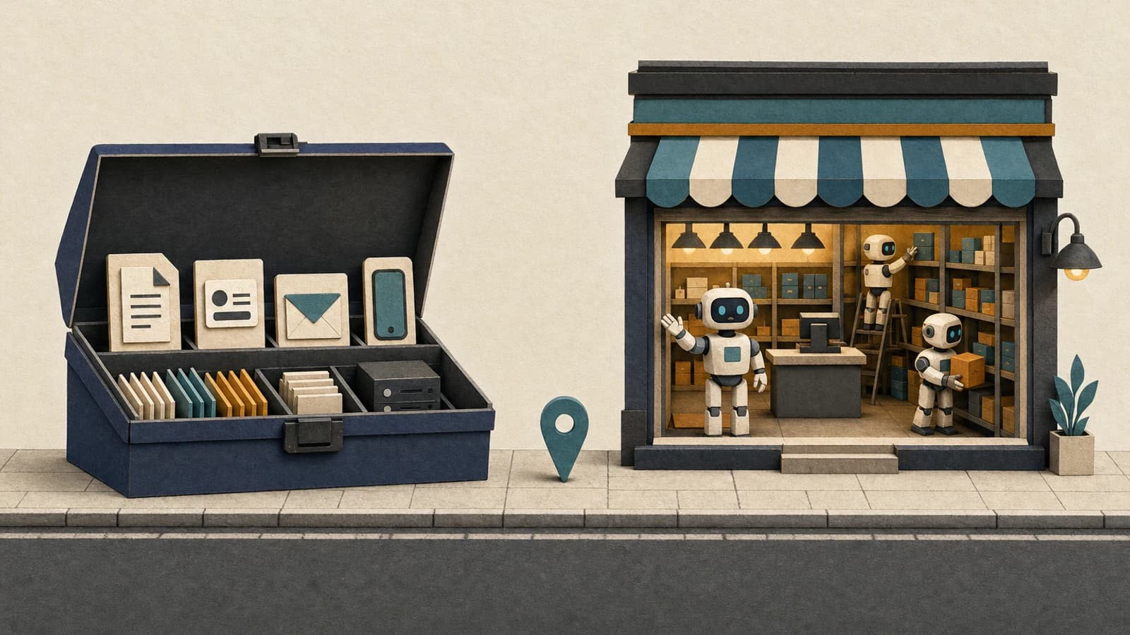 Naive vs Polsia: a developer's open toolbox of company parts beside a fully staffed robot storefront, both with an empty sidewalk out front