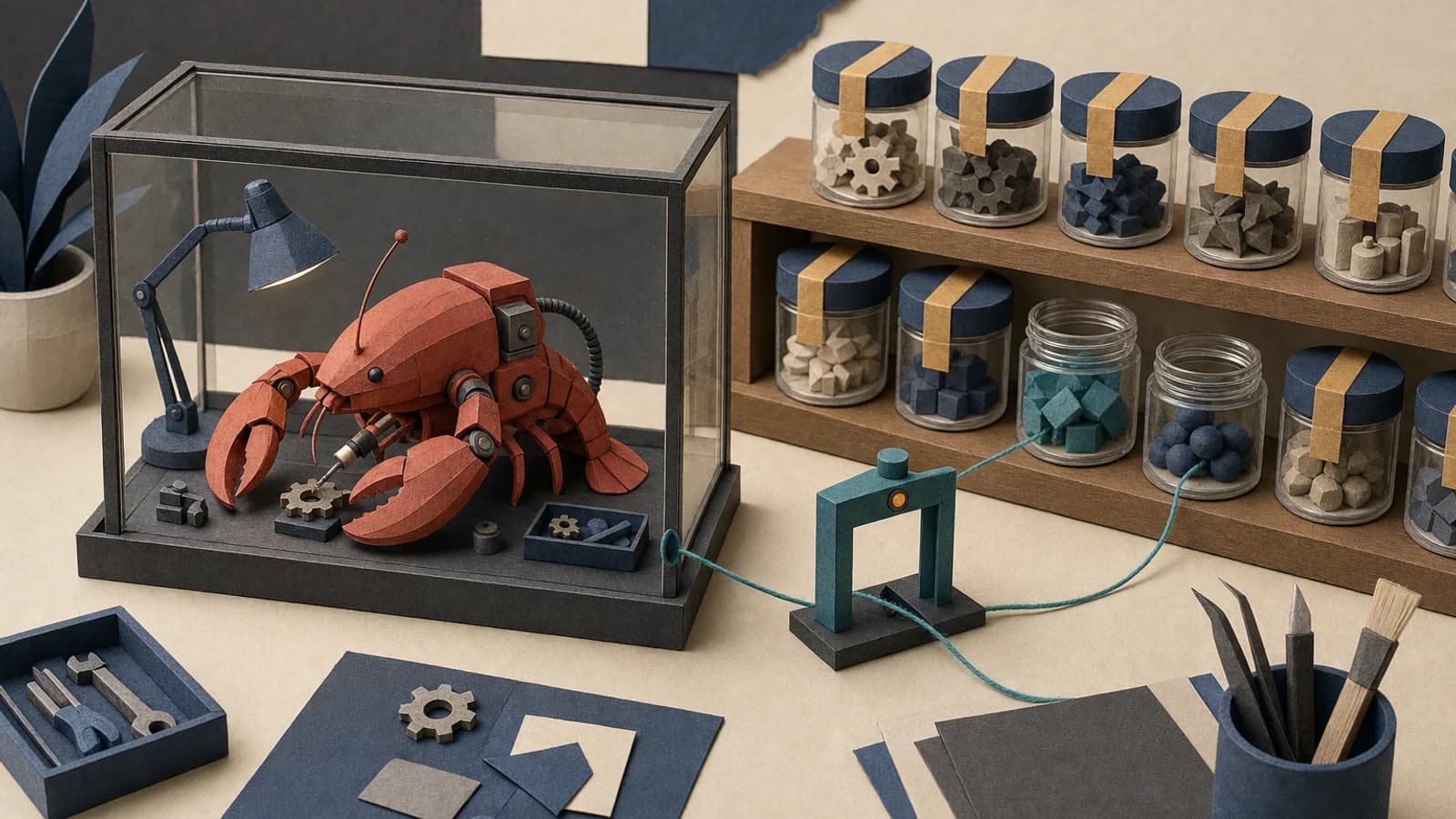 Is OpenClaw safe: a lobster robot working inside a glass box on a desk, a shelf of add-on skill jars outside with a few sealed off by tape