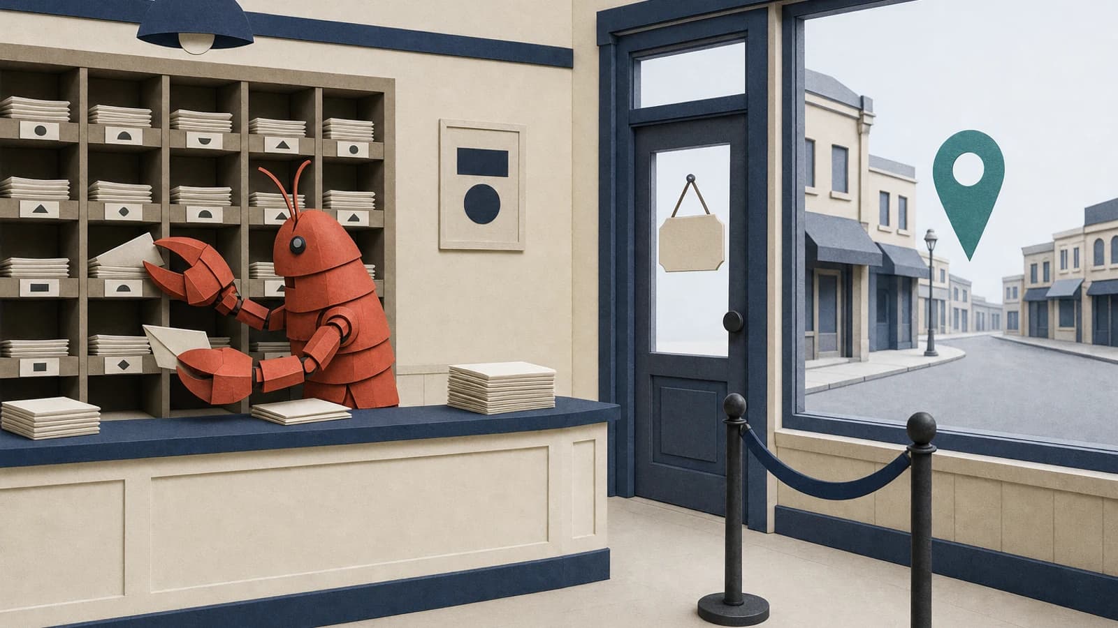 OpenClaw for a business: a lobster robot neatly sorting the mail of an empty shop with no customers at the counter
