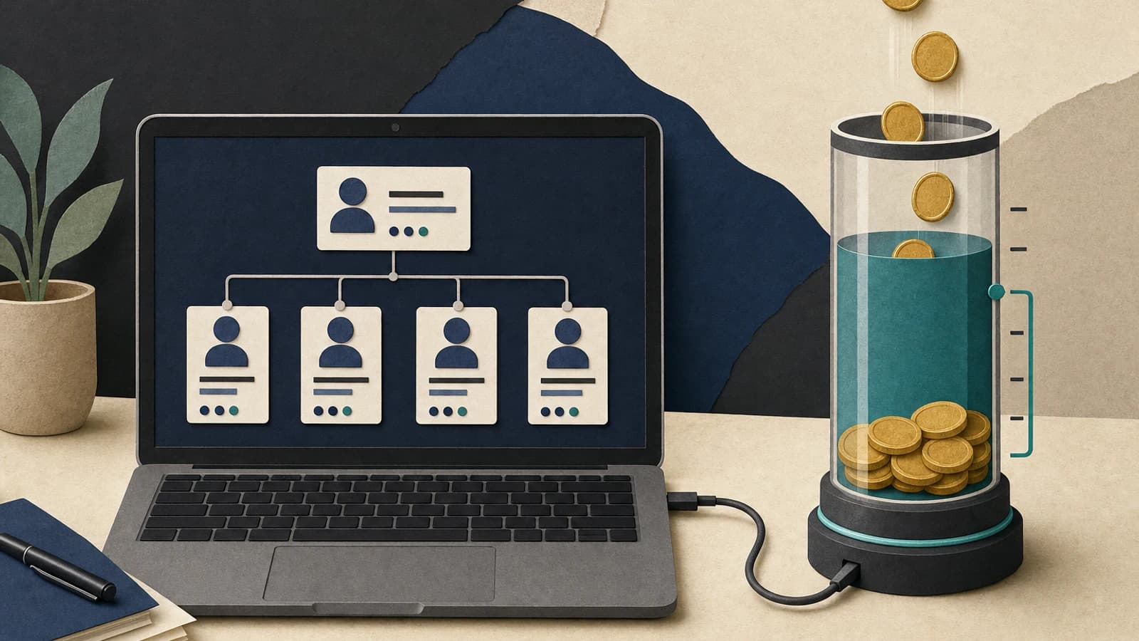 Paperclip AI cost: a laptop showing an org chart of AI agents next to a running meter of model bills