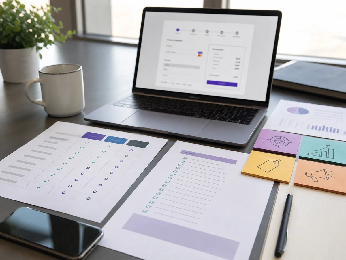 Founder desk with a product launch pre-launch checklist, checkout test, competitor comparison, and channel planning notes