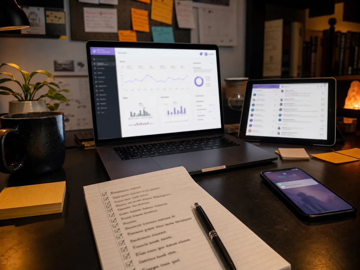 Launch week founder command center with metrics dashboard, support inbox, phone notification, and checked launch-day notebook