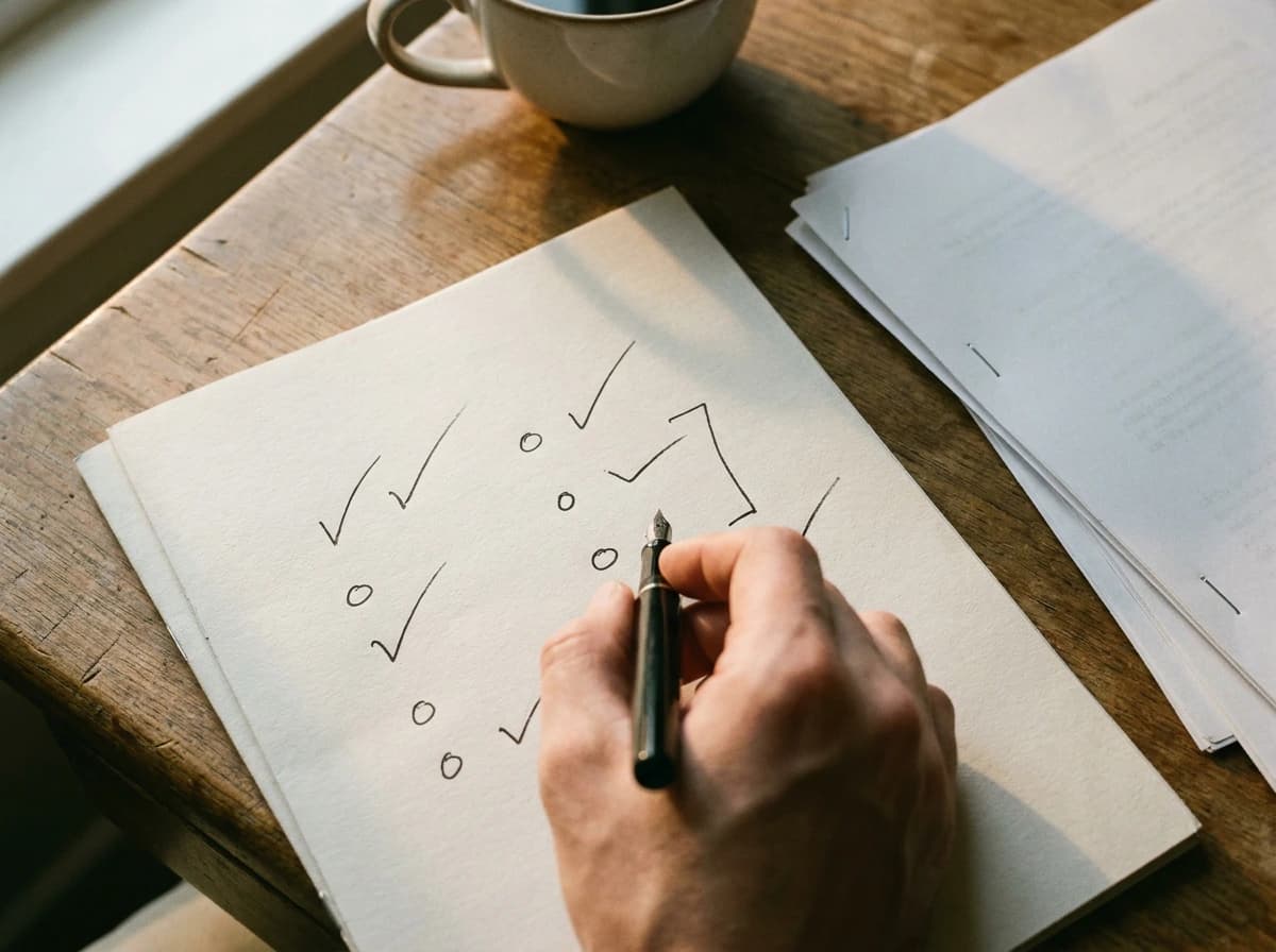 Close overhead of a hand scoring product-market fit survey responses with a pen on a printed page