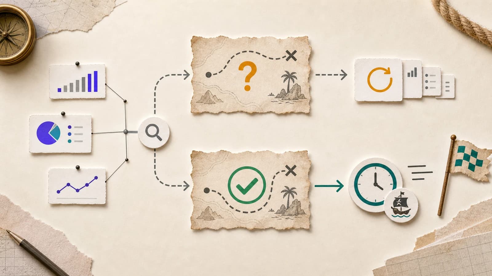 Pirate map fork showing unvalidated ideas looping back to research and validated ideas moving to a 30-day shipping clock