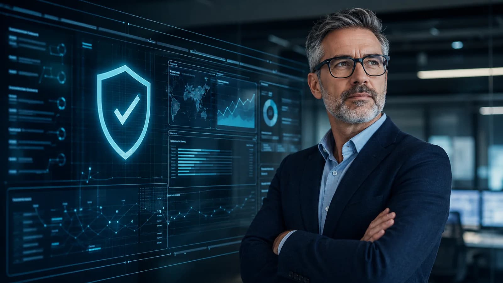 Cybersecurity expert beside a digital security shield interface representing AI compliance and regtech