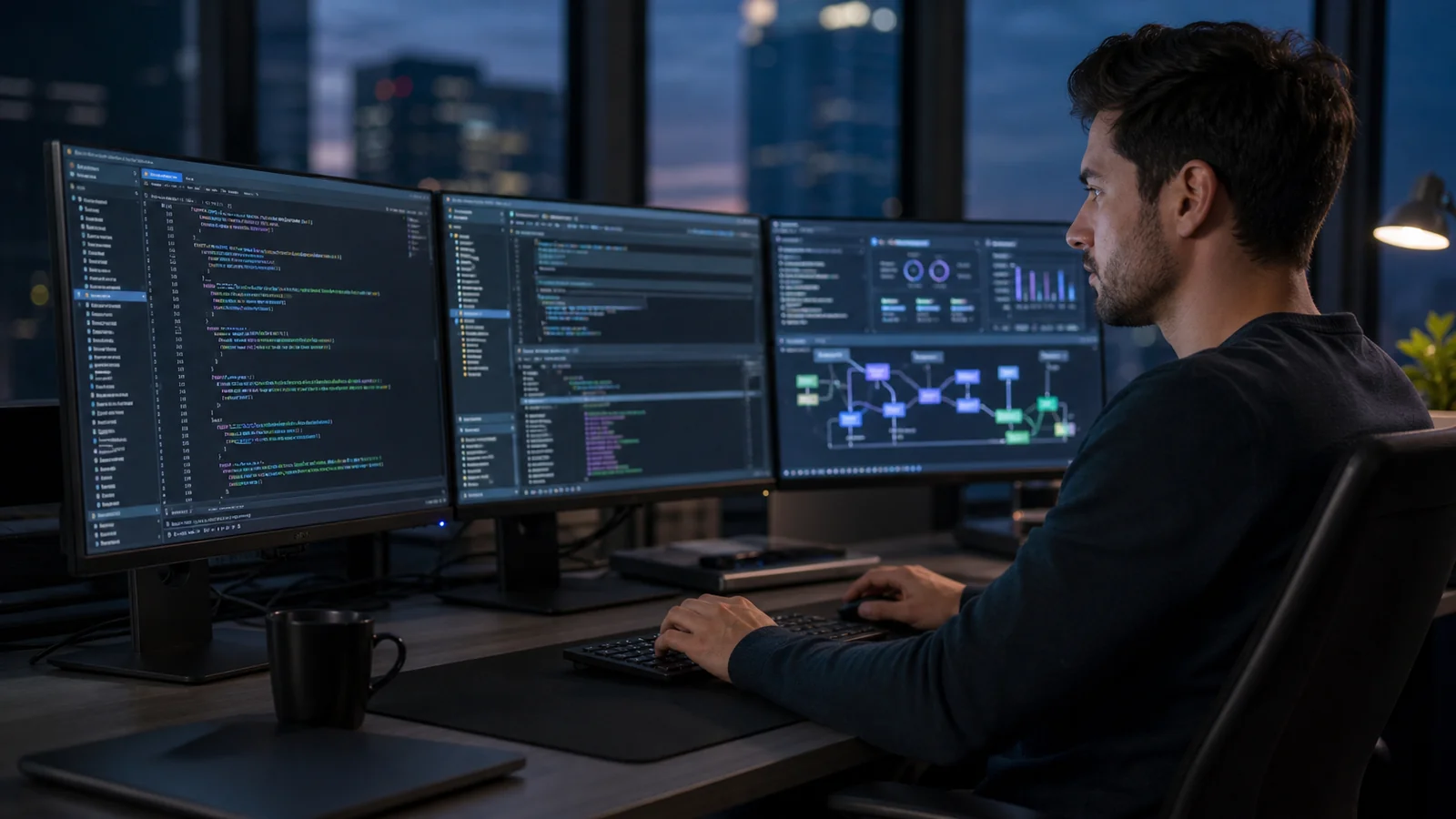 Software developer coding on multiple monitors in a startup office
