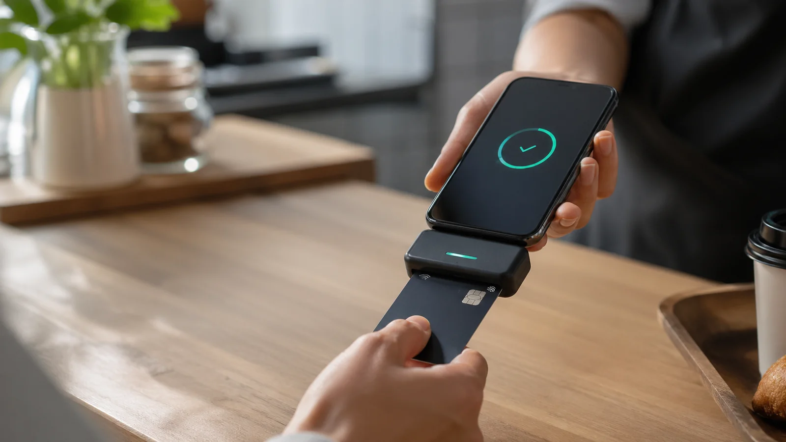 Mobile card reader processing a payment representing fintech infrastructure and embedded finance