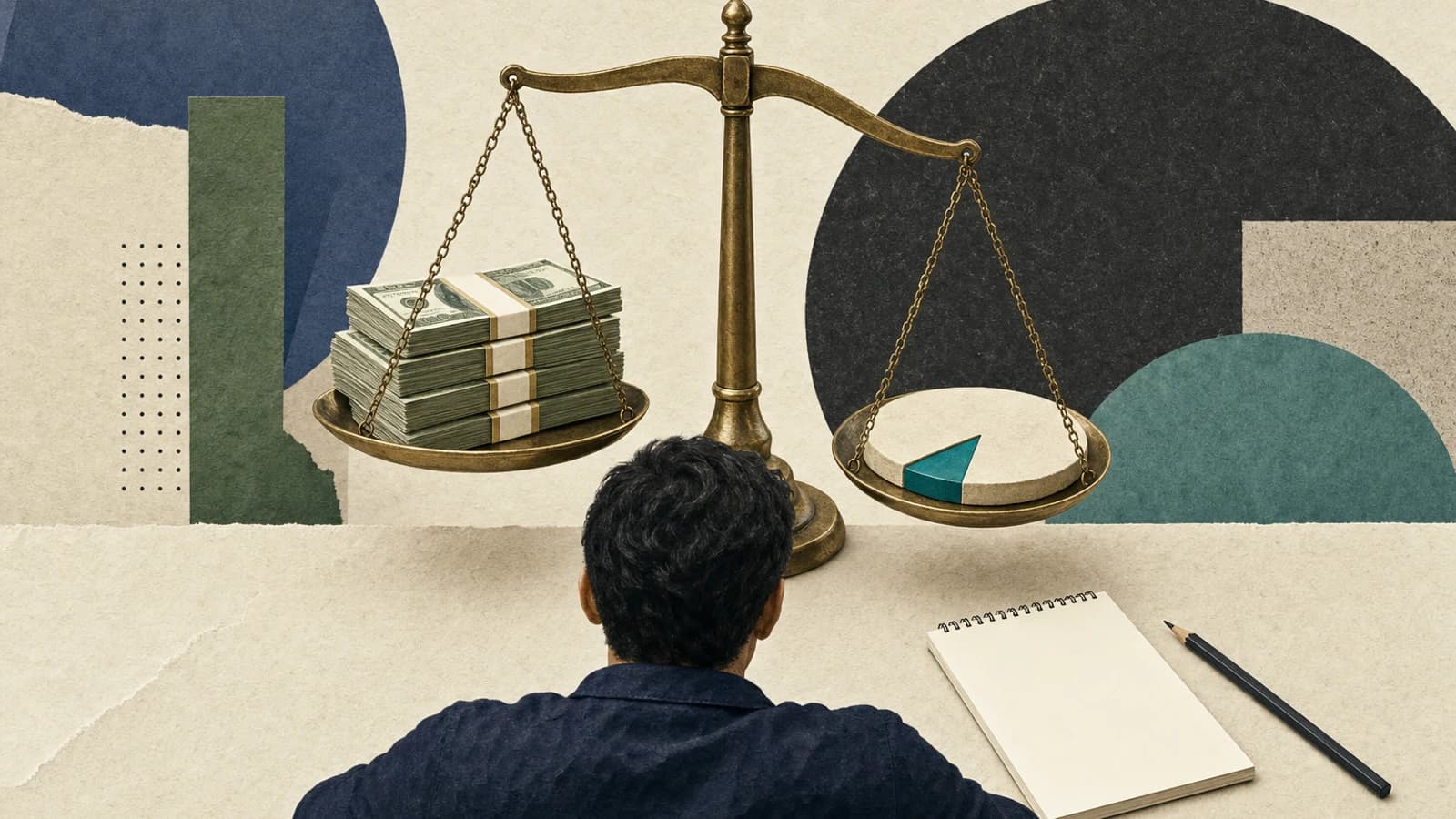 Founder weighing a small 5% equity slice against a Techstars investment check on a balance scale